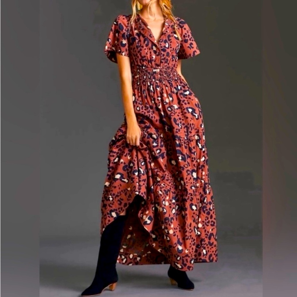 NWT Anthropologie Maeve Somerset Rust Leopard Print Cotton Maxi Dress Size S